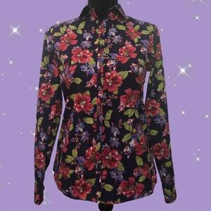 Women’s Land’s End Navy Blue Floral Hibiscus Print Button Down Collared Shirt
